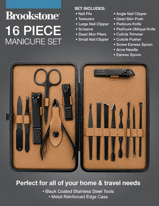 16-Piece Professional Manicure & Pedicure Nail Care Kit with Travel Case – Stainless Steel Grooming Set